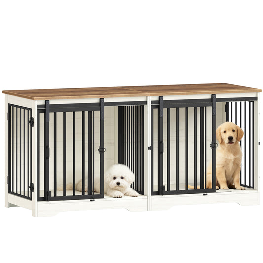 Hondenbench – Hondenbank – Hondenhok – Hondenkooi – Hondenmand – Dubbele Bench Voor 2 Honden – Stevig Houten Materiaal – Schuifdeur – Wit-Bruin Design