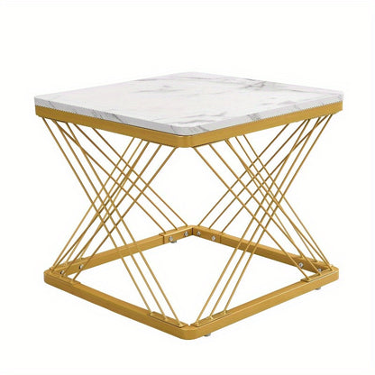 Koffietafel Set – Salontafel – Bijzettafel – Woonkamertafel – Moderne Tafel – Hoogglans Marmer Design – Verstelbare Pootjes 60x60x45cm & 45x45x40cm