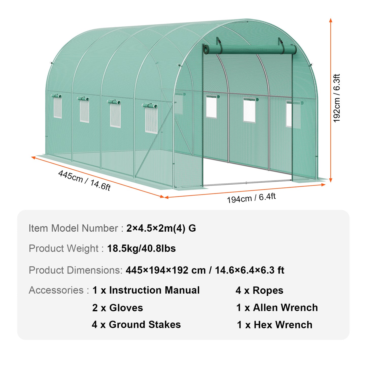 Tuinkas – Broeikas – Kweekkas – Foliekas – Serre – Gegalvaniseerd Stalen Frame – Duurzame PE Cover – 4,45x1,94x1,92 m – Walk-In Design