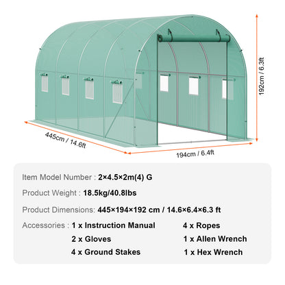 Tuinkas – Broeikas – Kweekkas – Foliekas – Serre – Gegalvaniseerd Stalen Frame – Duurzame PE Cover – 4,45x1,94x1,92 m – Walk-In Design