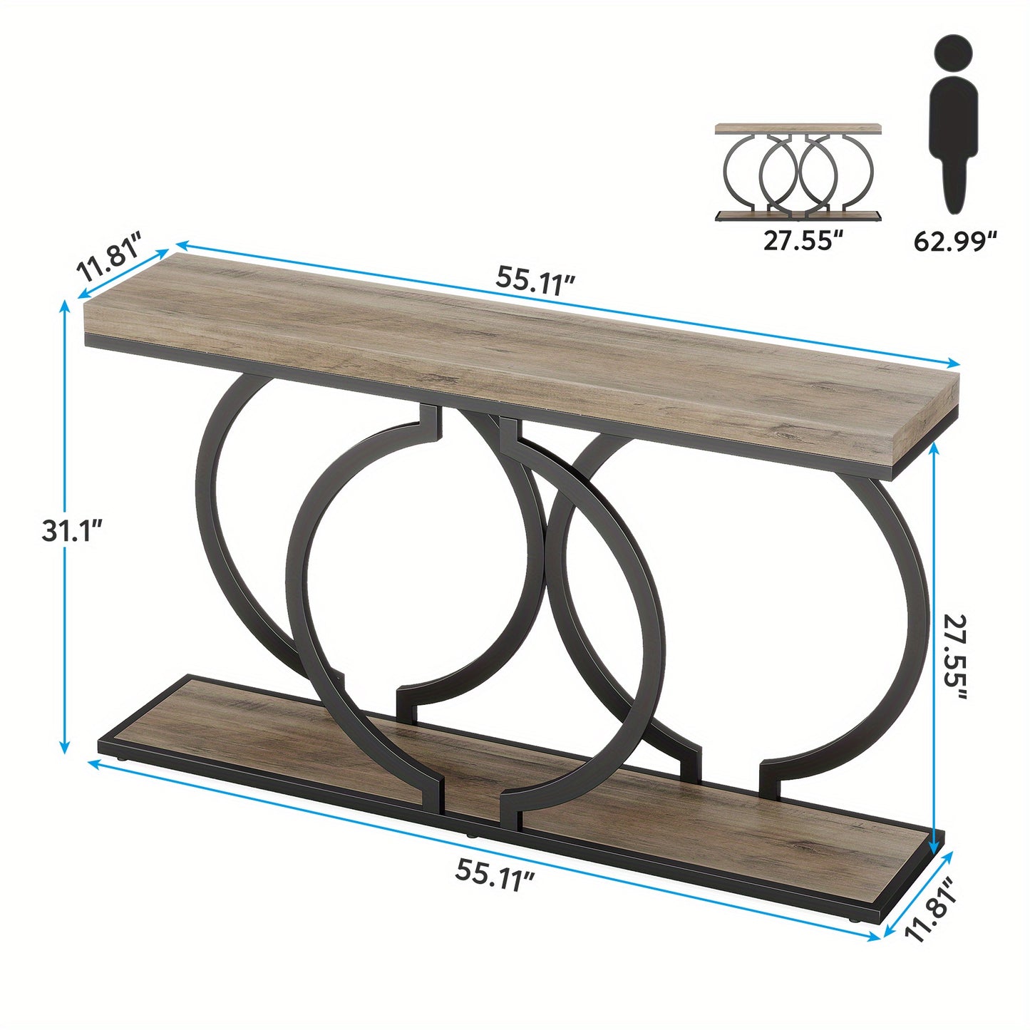 139.7 cm Rustic Industrial Console Table - Engineered Wood & Geometric Metal Frame, Oak Grey Finish, Sturdy 99.79KG Capacity, Easy Assembly for Entryway, Living Room, Hallway, Console Table Decor for Entryway, Hallway Storage