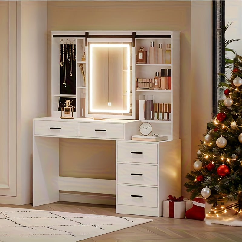 Kaptafel – Make-uptafel – Schminktisch – Beautymeubel – Vanity Table – Wit – Verstelbare LED-verlichting – Groot verstelbaar spiegelpaneel