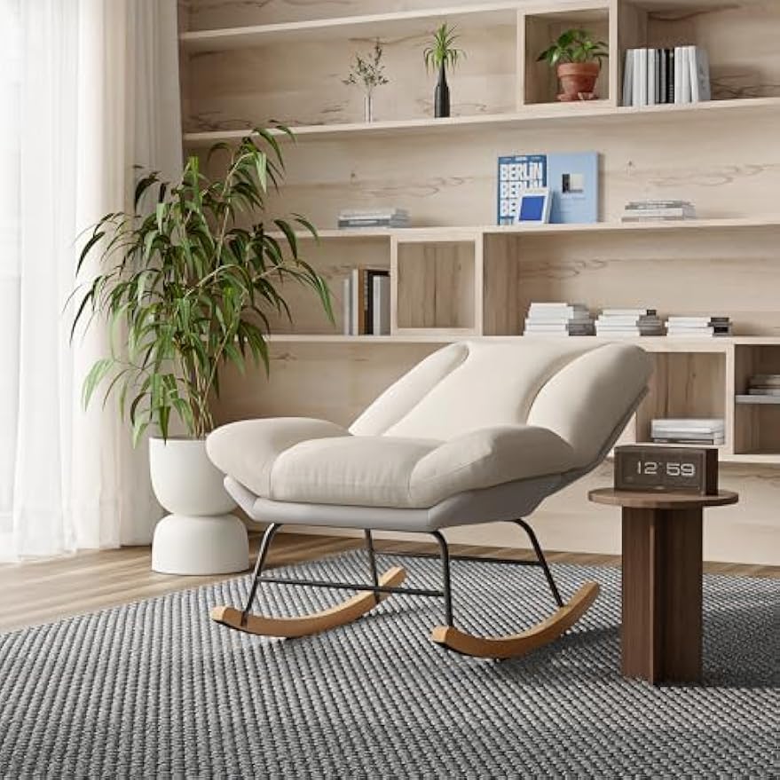 Schommelstoel – Schommelstoel Met Kussen – Relaxstoel – Schommelstoel Voor Binnen – Balkonstoel – Verstelbare Rugleuning – Zacht Comfortabel Kussen – Beige Grijs
