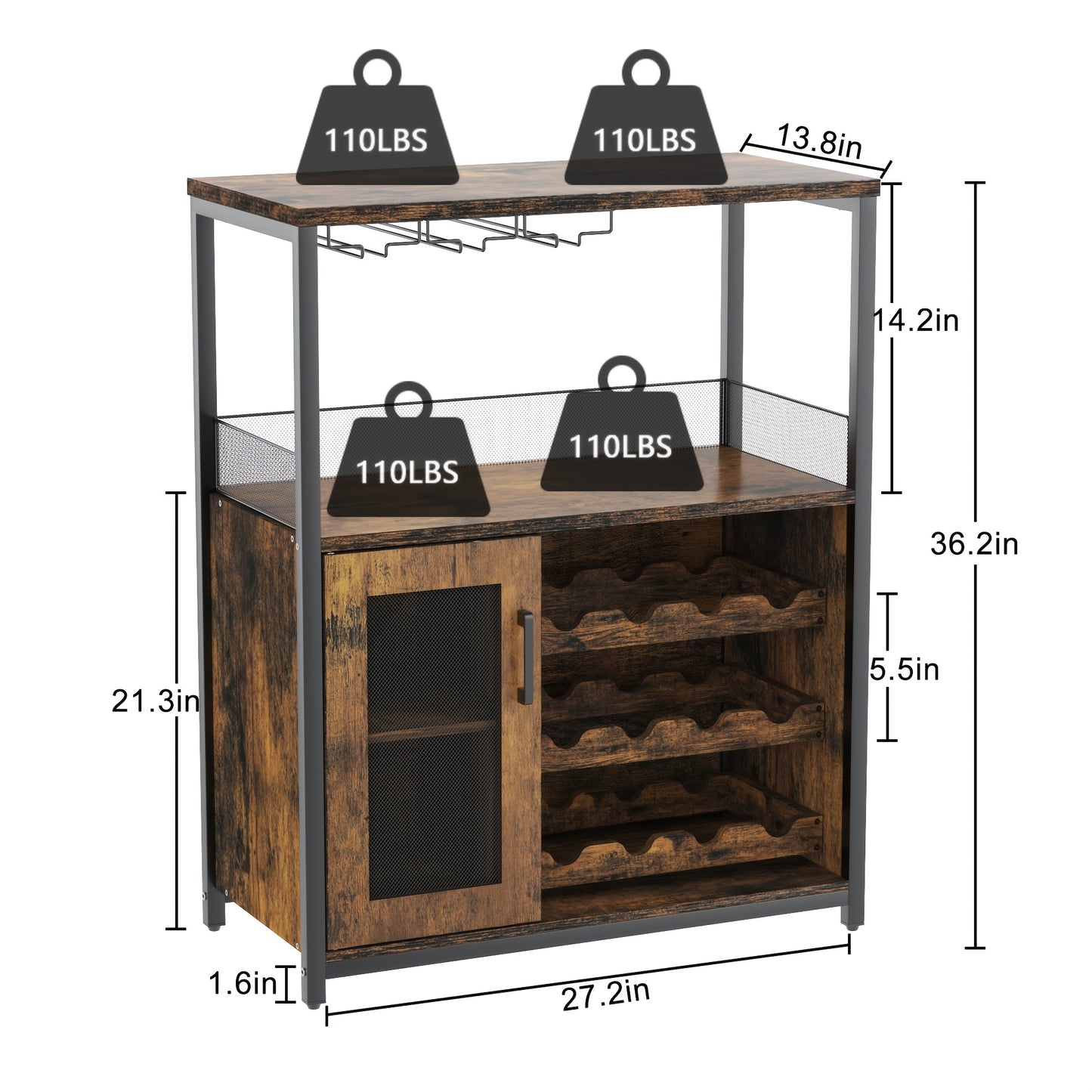 Koffiebarkast – Wijnrek – Buffetkast – Barmeubel – Opbergkast – Vrijstaand – 12 Wijnfles Houder – 9 Wijnglazen Rek – Ruim Werkblad – Mesh Deurtje Storage