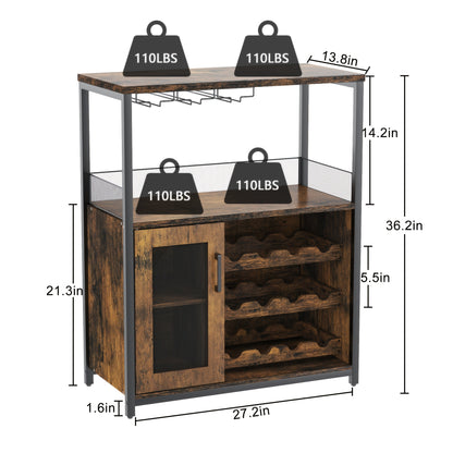 Koffiebarkast – Wijnrek – Buffetkast – Barmeubel – Opbergkast – Vrijstaand – 12 Wijnfles Houder – 9 Wijnglazen Rek – Ruim Werkblad – Mesh Deurtje Storage