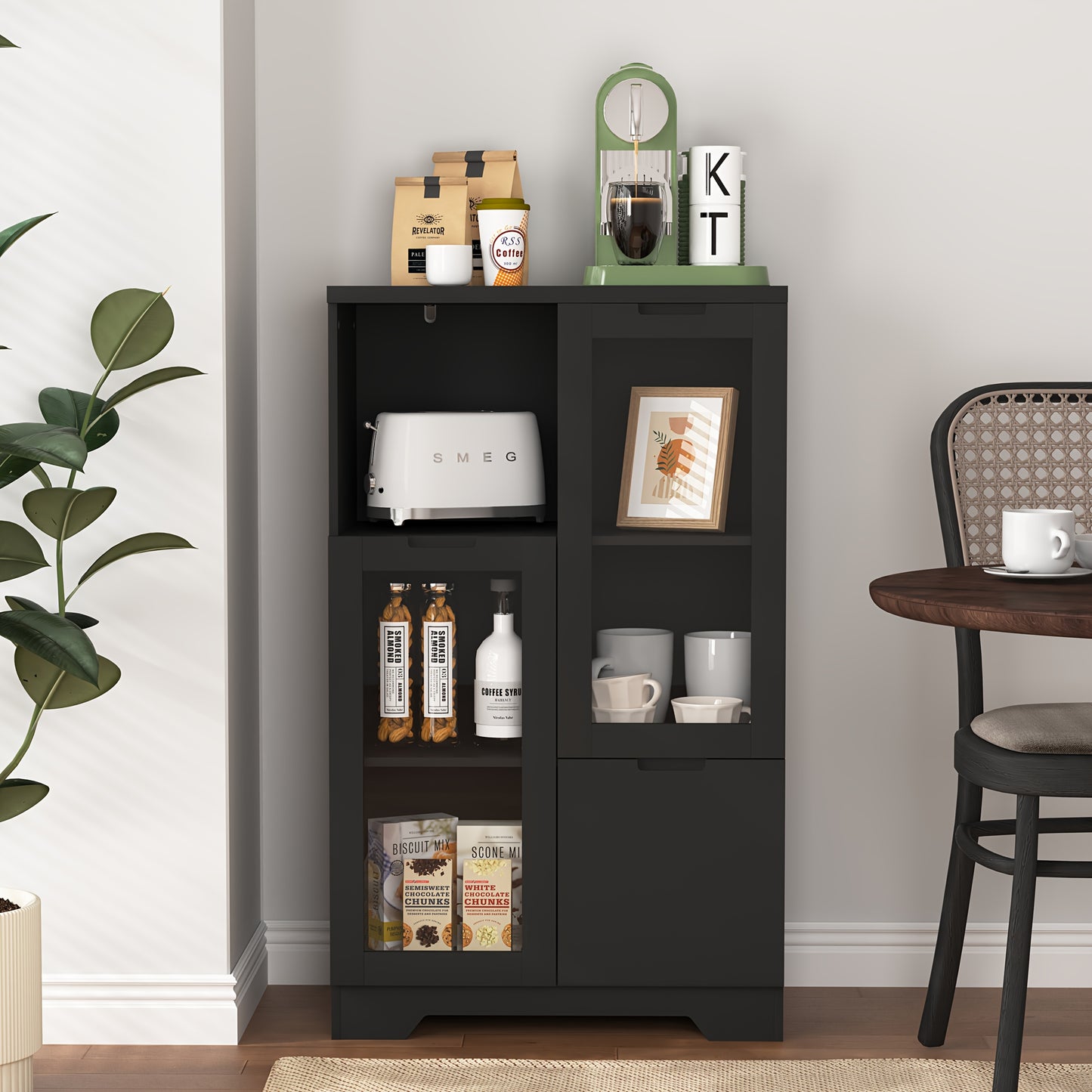 Modern Metal Sideboard Storage Cabinet with Glass Doors & Drawers - Black Freestanding Floor Cabinet, 68.58cm Height, Open & Closed Storage for Living Room, Bedroom, Dining Room, Cabinet Storage, Home Organization, Contempora
