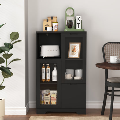 Modern Metal Sideboard Storage Cabinet with Glass Doors & Drawers - Black Freestanding Floor Cabinet, 68.58cm Height, Open & Closed Storage for Living Room, Bedroom, Dining Room, Cabinet Storage, Home Organization, Contempora