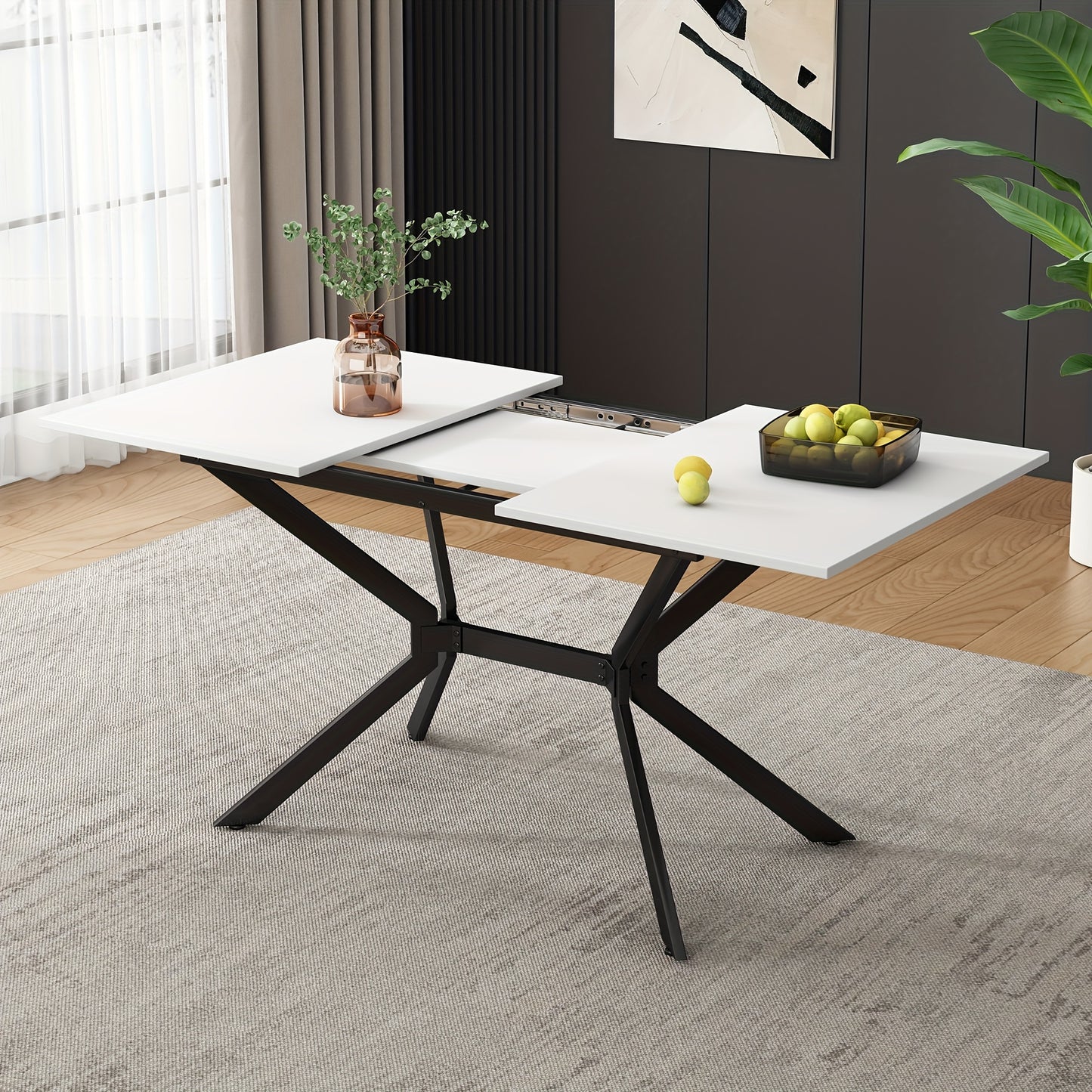 Uitklapbare Eettafel – Uitschuifbare Tafel – Verlengbare Eettafel – Klaptafel – Keukentafel – Mat Wit MDF – Zwarte Metalen Poten – 120-160x80 cm – Geschikt Voor 4-6 Personen