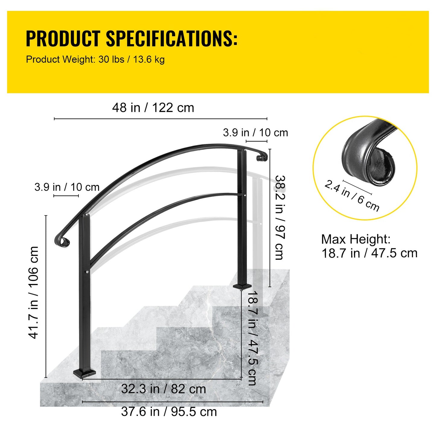 Trapleuning – Handrail – Balustrade – Traprail – Leuning – Smeedijzer – Verstelbaar tot 106 cm – Inclusief Bevestigingsset