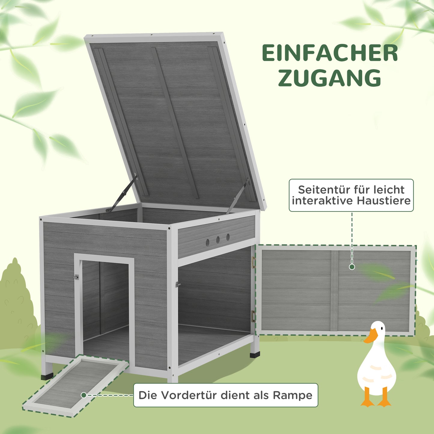 Eendenren – Kippenren – Pluimveestal – Gangenhok – Houten Kippenhok Lichtgrijs – Waterdicht Asfalt Dak – Handige Zijdeur & Ventilatie