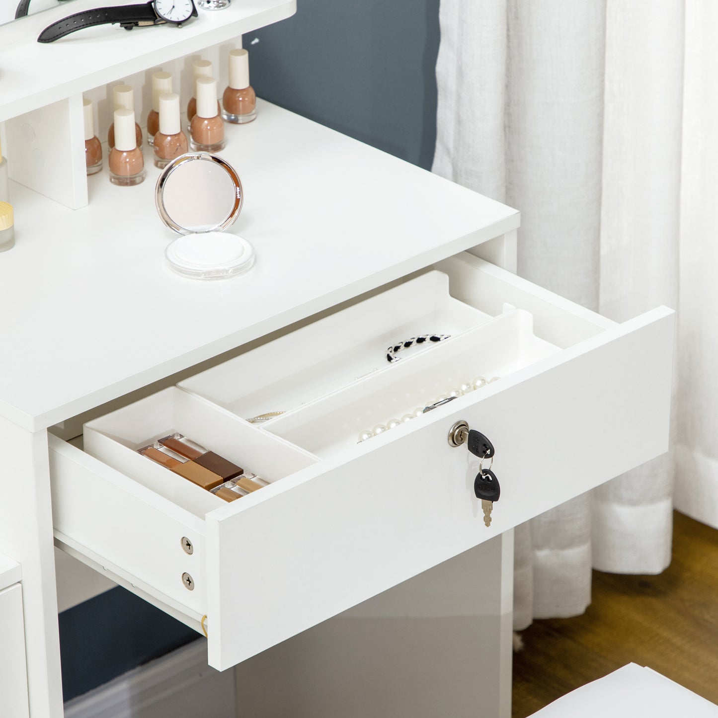 Kaptafel – Make-uptafel – Schminktafel – Dressing Table – Make-up Tafel – Grote Spiegel – 4 Laden & Opbergruimte – Anti-Kantel Design – Inclusief Gestoffeerde Kruk