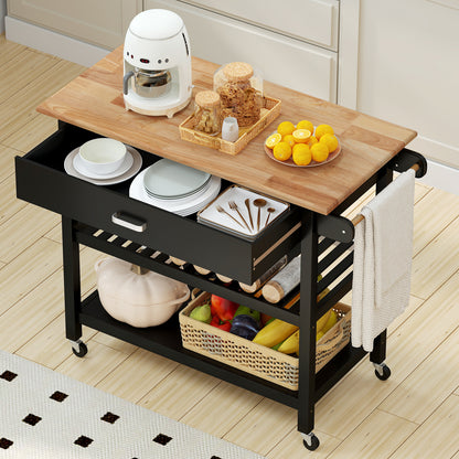 Keukentrolley – Keukenwagen – Serveerwagen – Werkbladwagen – Opbergwagen – Houten Werkblad – Grote Lade – 2 Open Planken – Wieltjes Met Remmen – Compact 106x50x89 cm