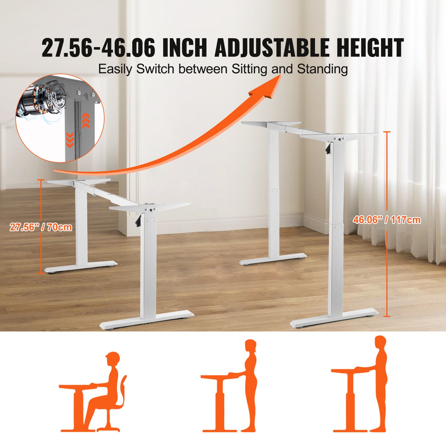 Zit-Sta Bureau Frame – Elektrisch Bureau Onderstel – Verstelbaar Bureau – Sta Bureau – Bureau Poten – Hoogte Verstelbaar 70-117 cm – Stabiel Stalen Frame – Stil Motor Snel Verstelbaar
