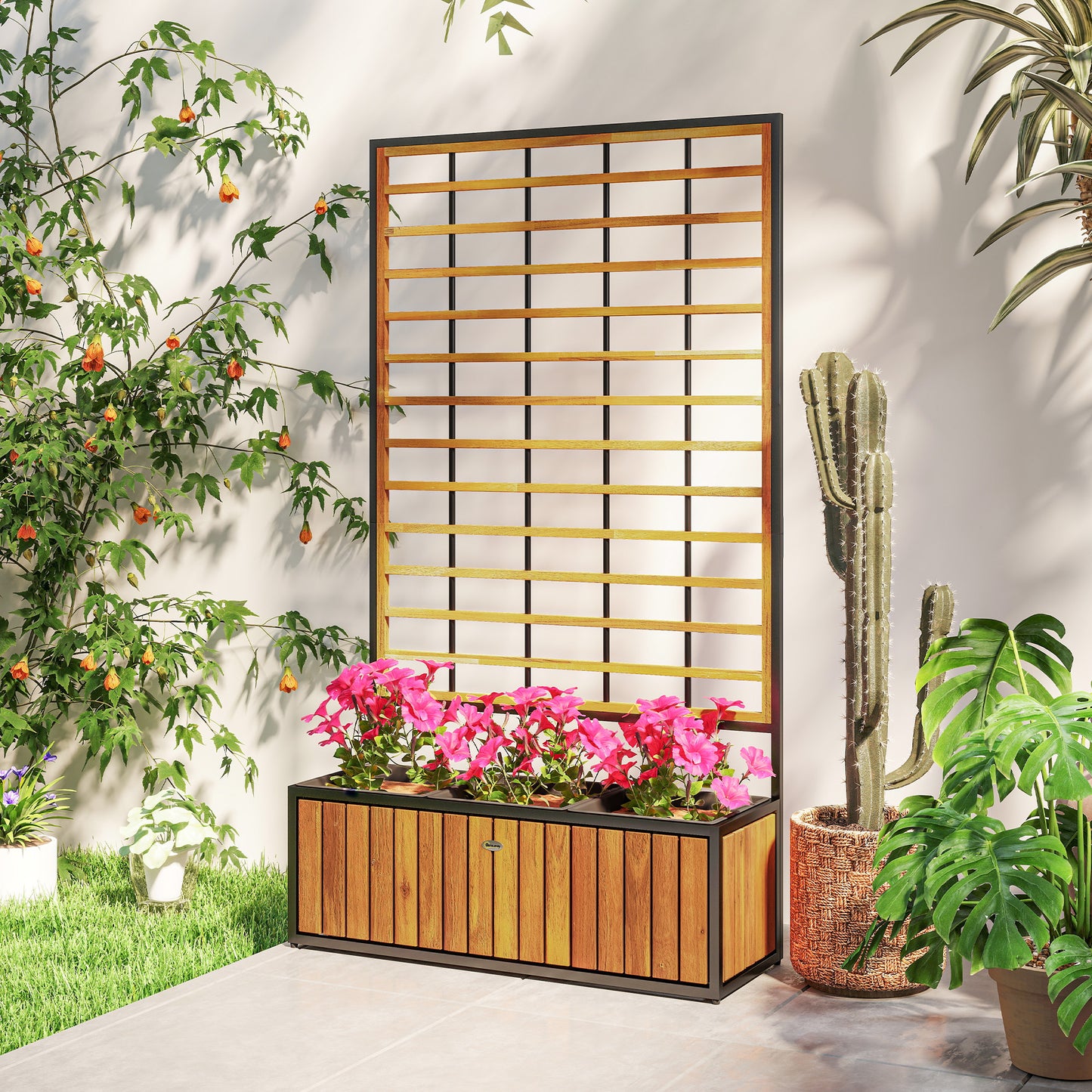 Verhoogde Plantenbak – Tuinbak – Bloembak – Plantenbak Met Klimrek – Balkonbak – Acaciahout En Staal – Drie Plantenvakken Met Drainage – Verstelbare Voeten 74x27x131 cm Teak