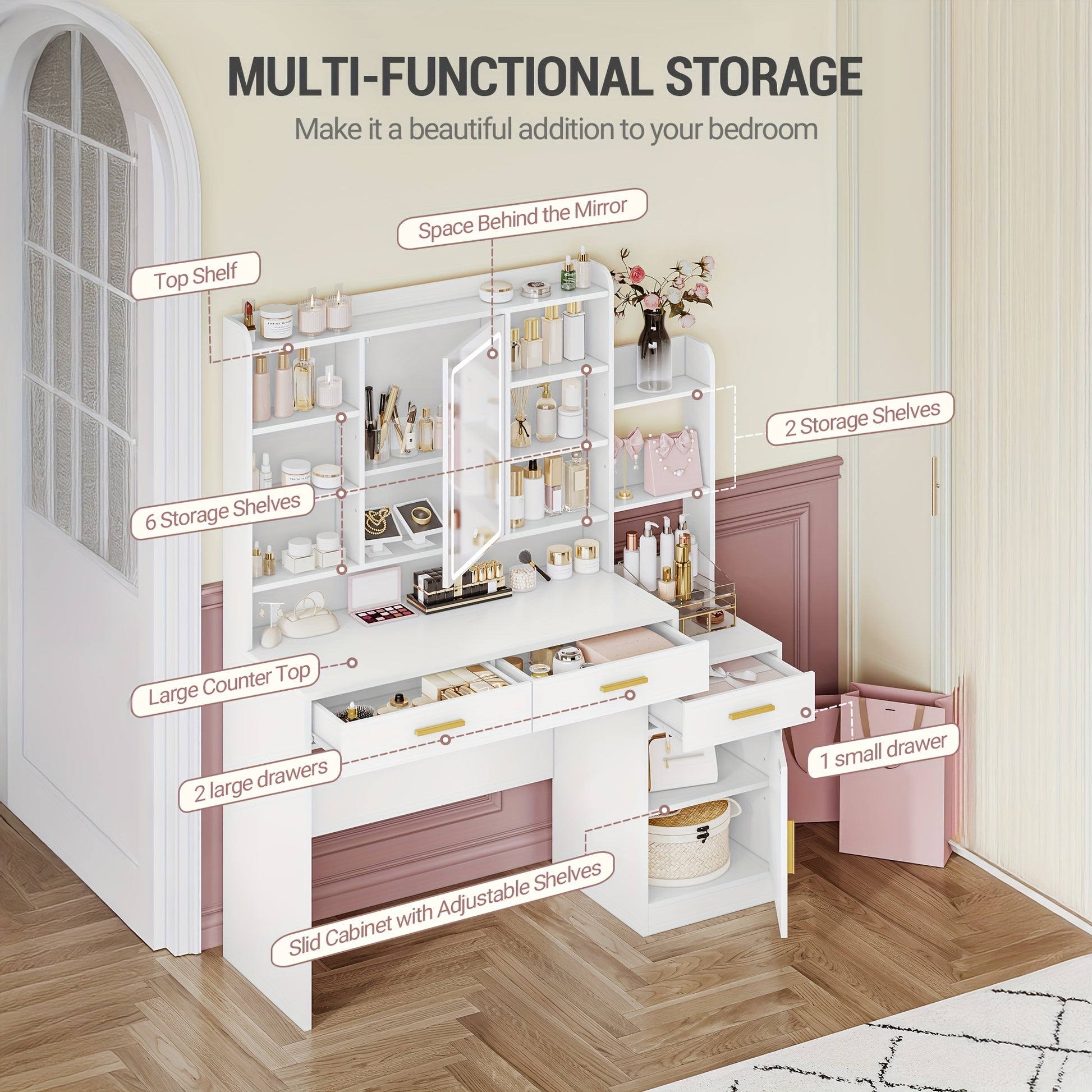 Jewelry Storage Cabinet, Large Table Top with Mirror, 3 Drawers And 1 Cabinet, Open Multi-Level Shelves for Bedroom, Wardrobe, 40 X 130 X 149cm, White, Jewelry Armoires - QUORE
