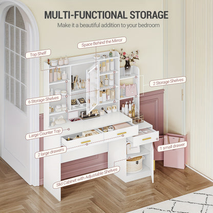 Jewelry Storage Cabinet, Large Table Top with Mirror, 3 Drawers And 1 Cabinet, Open Multi-Level Shelves for Bedroom, Wardrobe, 40 X 130 X 149cm, White, Jewelry Armoires - QUORE