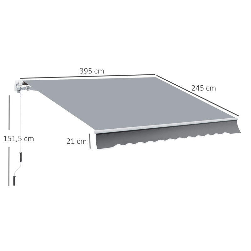 Awning, 3.95 x 2.45m, sun protection, retractable, with hand crank, metal frame, polyester, grey/ white, Outdoor Shade, Backyard Shelter, Sleek Shade, Retractable Awning, Reinforced Frame, Weatherresistant Fabric, Retractable
