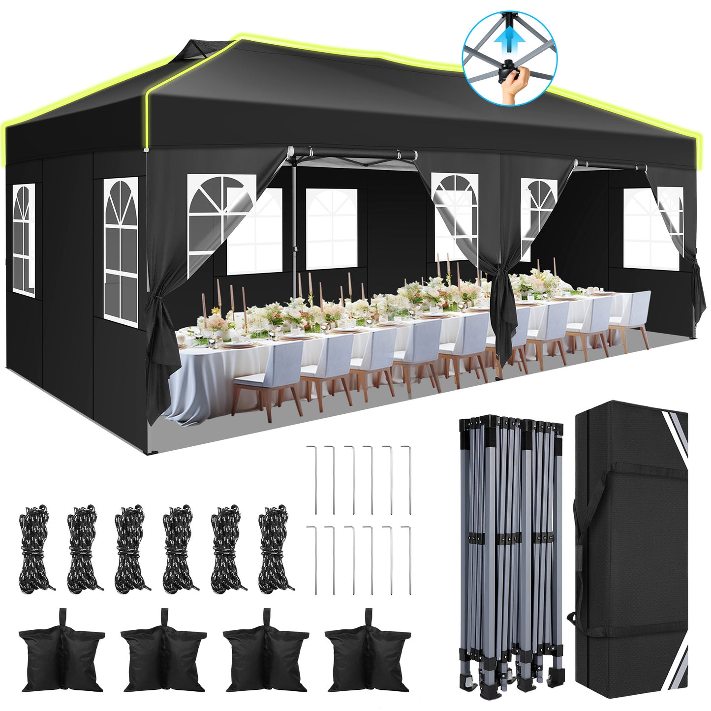 Partytent – Paviljoen – Feesttent – Tuintent – Easy-up Tent – 3x6 m – 6 Afneembare Zijwanden – Verstelbare Hoogte