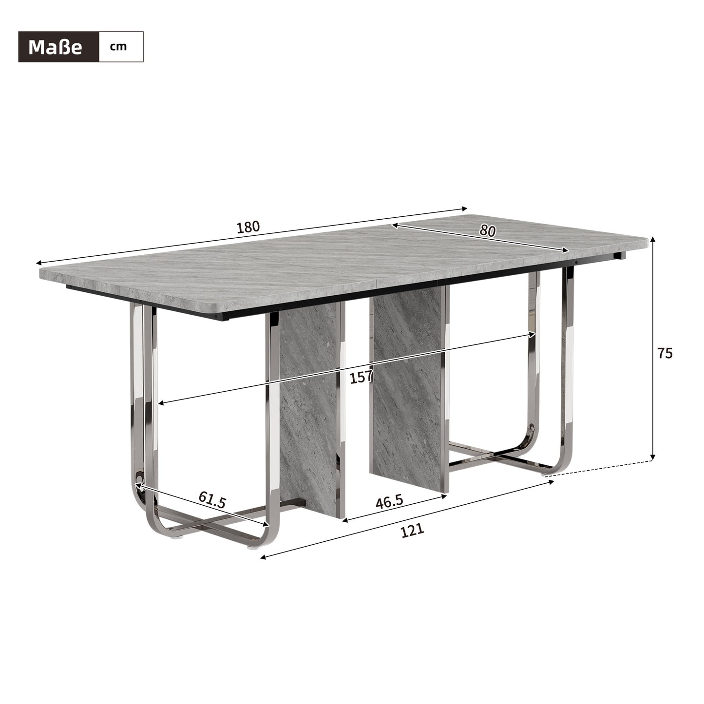 BTM Dining Table, 180cm x 80cm x 75cm, Modern Dining Table, Sturdy Dining Table, Metal Legs, Large Dining Table, Rectangular Dining Table, Dining Table for 6 People, Modern Simple Dining Table, Gray + Silver