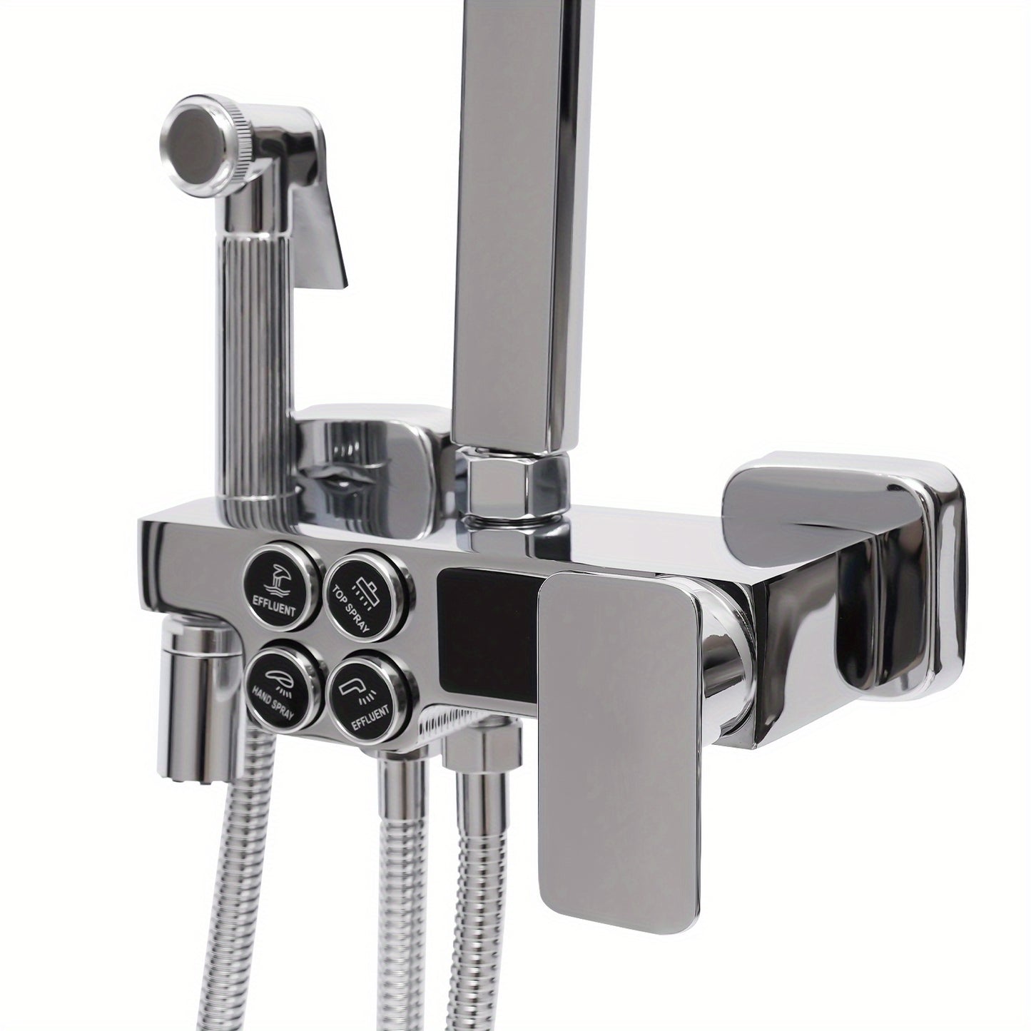 TOOL1SHOOO Modern Stainless Steel Shower System, 4 Water Outlets, Rainfall Showerhead, Handheld Sprayer, Height-Adjustable Shelf, Suitable for Bathrooms, Spas, Hotels