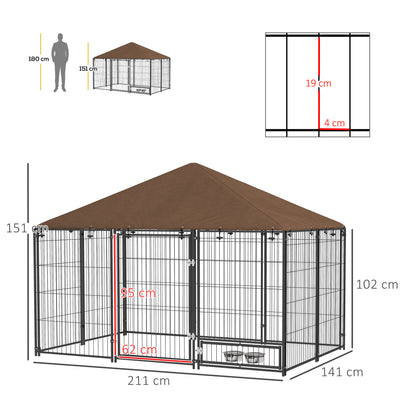 Hondenkennel – Hondenhok – Hondenren – Buitenkennel – Hondenverblijf – Stevig Stalen Frame – Weerbestendig Oxford Dak – Voederdeur Met Bakjes – Ruim 211x141x151 cm – Chestnut