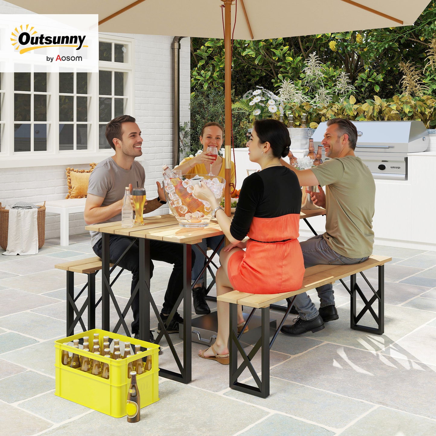 Houten Picknicktafel – Tuinset – Buitentafel – Terrasmeubel – Eettafel – 160 cm Met Parasolgaten – Stevig Stalen Frame