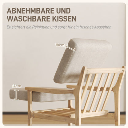 Loungestoel – Relaxfauteuil – Armstoel – Fauteuil – Sessel – Linnenlook Bekleding – Afneembaar Kussen – Houten Poten – Comfortabel Zitvlak – Beige