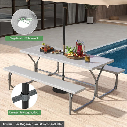Biertafeltje – Biertafel – Bierbank – Biertafelset – Biertentset – Weerbestendig HDPE Tafelblad – Inclusief Parasolhouder – Voor 6-8 Personen – Grijs