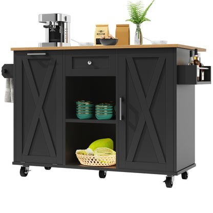 Keukeneiland – Keukentrolley – Keukenkast – Serveerwagen – Buffetkast – Zwart Retro Design – Ruime Opbergruimte – Duurzame MDF & Metaal – Ruimtebesparend Zonder Elektriciteit