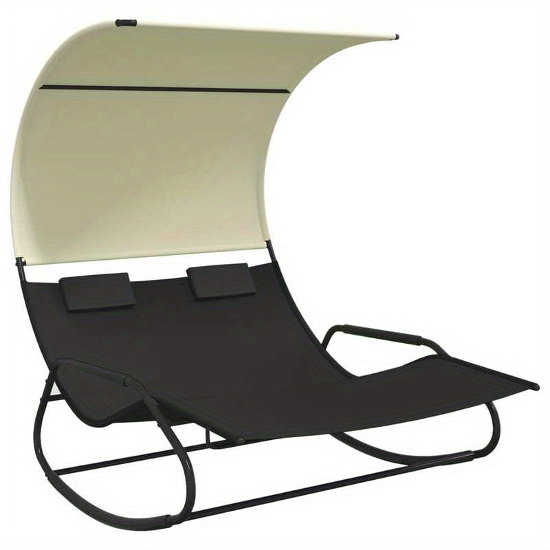 Twee Persoons Schommelstoel – Dubbele Loungestoel – Patio Schommelstoel – Tuinstoel Met Overkapping – Zwarte Stalen Frame – Ergonomisch Zitcomfort – Crèmekleurige Zonwering
