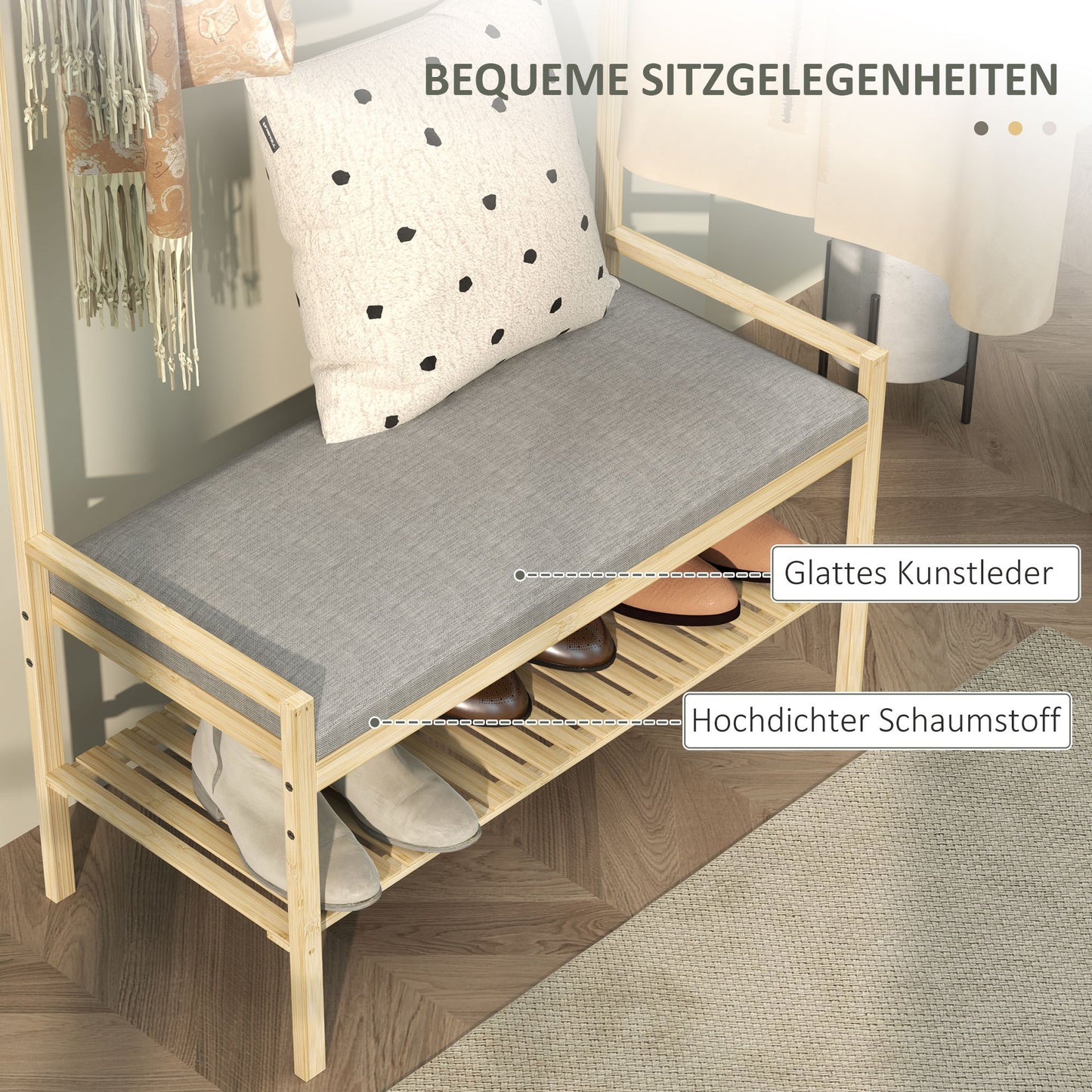 Kapstok – Wandkapstok – Schoenenrek – Garderobe – Halmeubel – Met Bamboe En Kunstleer – 10 Haken En Verborgen Opbergruimte