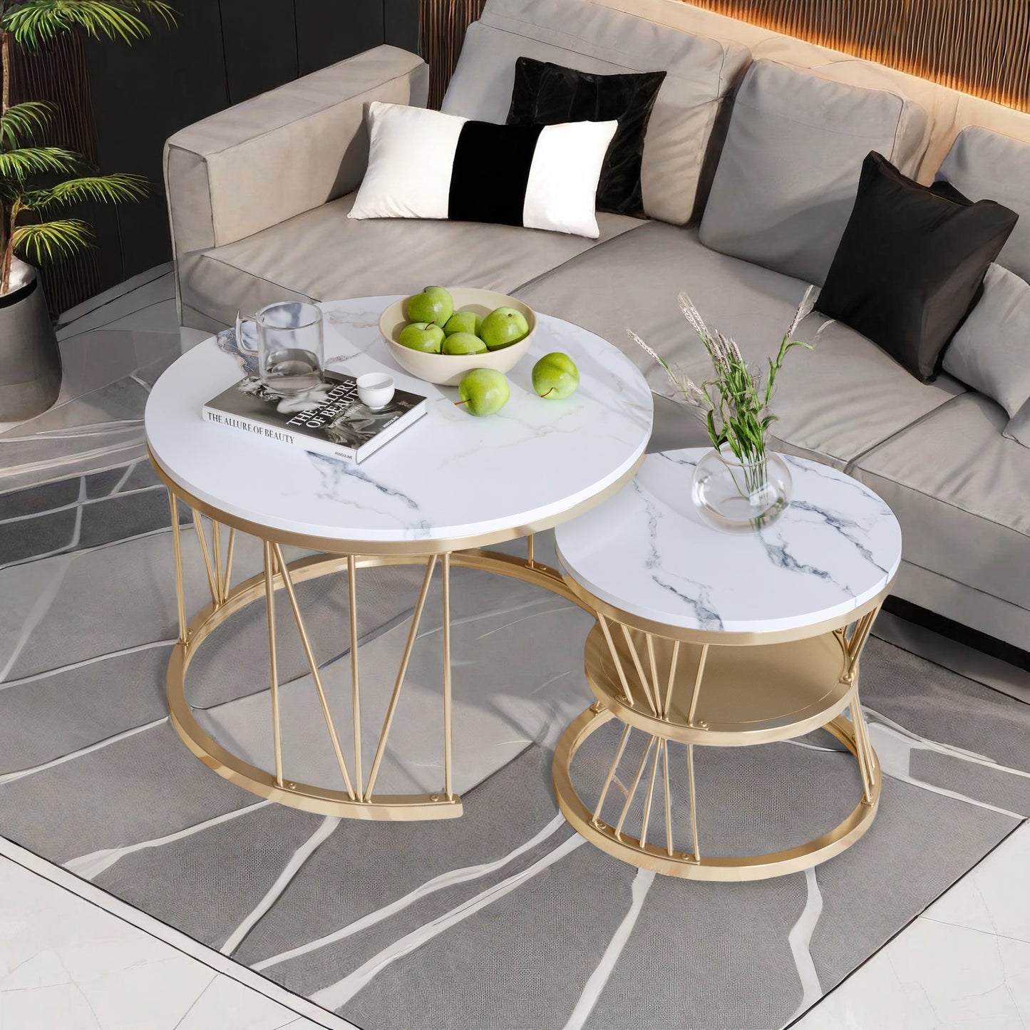 Salontafel Set – Moderne Ronde Tafels – Bijzettafel – Lage Tafel – Woonkamer Tafel – Gouden Metalen Frame – Wit Marmerblad – Nestbaar & Ruimtebesparend – Lichtgewicht & Makkelijk Verplaatsbaar