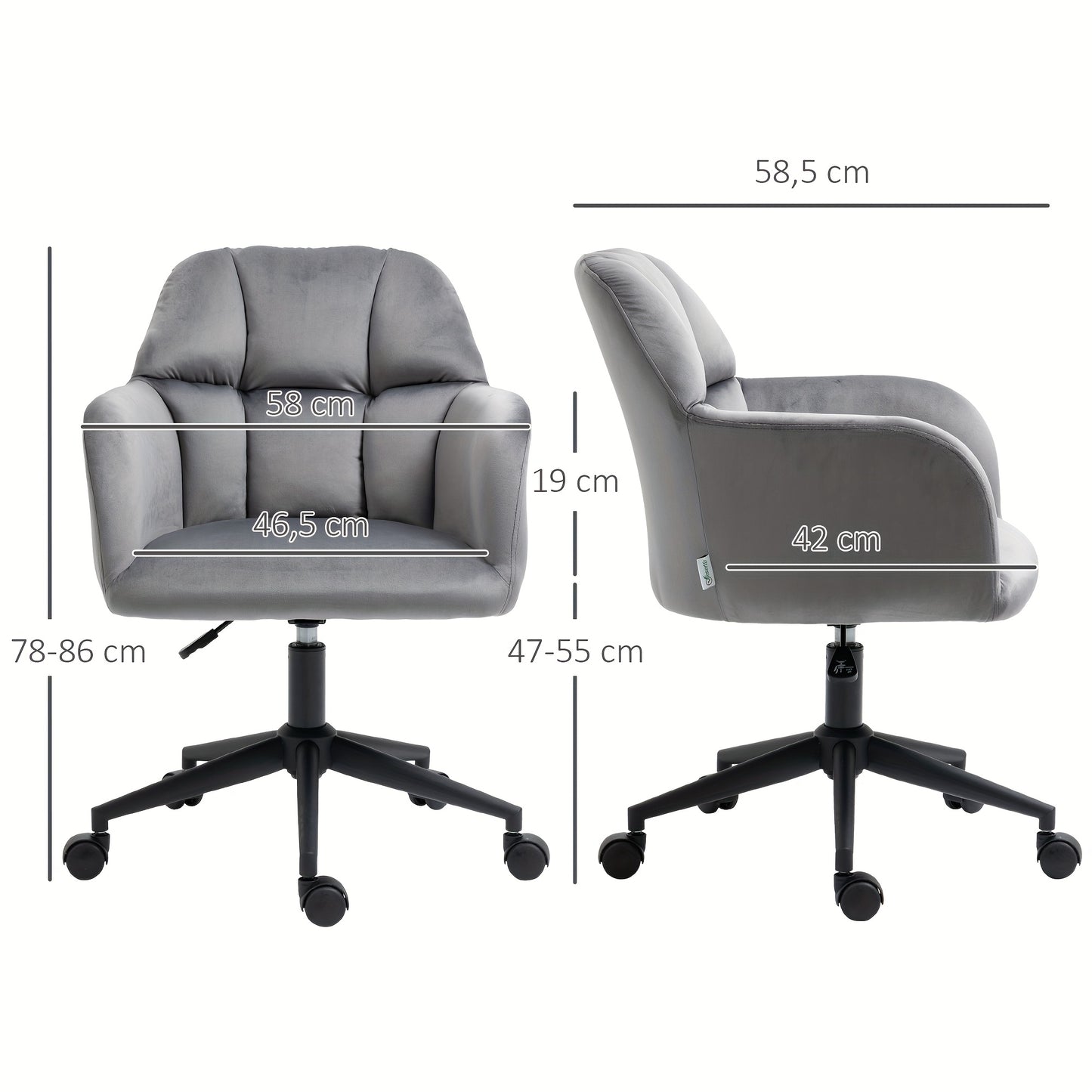 Draaifauteuil – Draaistoel – Bureaustoel – Loungefauteuil – Relaxstoel – Verstelbare Zithoogte – Fluwelen Armleuningen – Grijs – Metaal – Max 120 Kg
