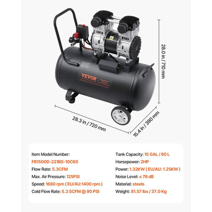 Luchtcompressor – Compressoren – Luchtpomp – Air compressor – Zwart – Olievrij – 15 Gallon – 5,3 CFM bij 90 PSI