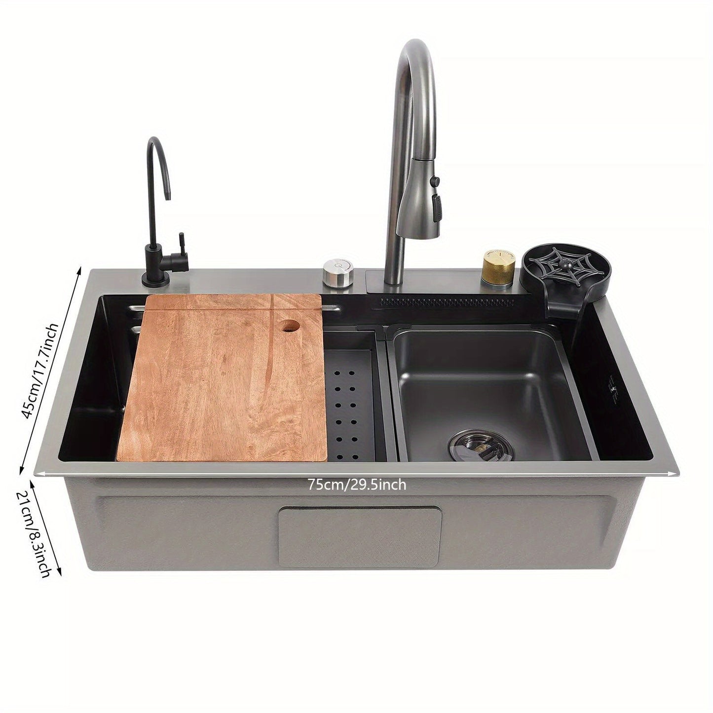 Keukenspoelbak – Gootsteen – Wasbak – Spoelbak – Enkele Spoelbak – RVS – Matzwart – Groot Enkelvoudig Bassin 75x45 cm – Inclusief Afdruipblad en Uittrekbare Kraan