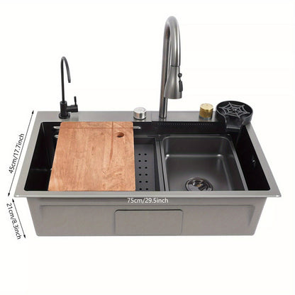 Keukenspoelbak – Gootsteen – Wasbak – Spoelbak – Enkele Spoelbak – RVS – Matzwart – Groot Enkelvoudig Bassin 75x45 cm – Inclusief Afdruipblad en Uittrekbare Kraan