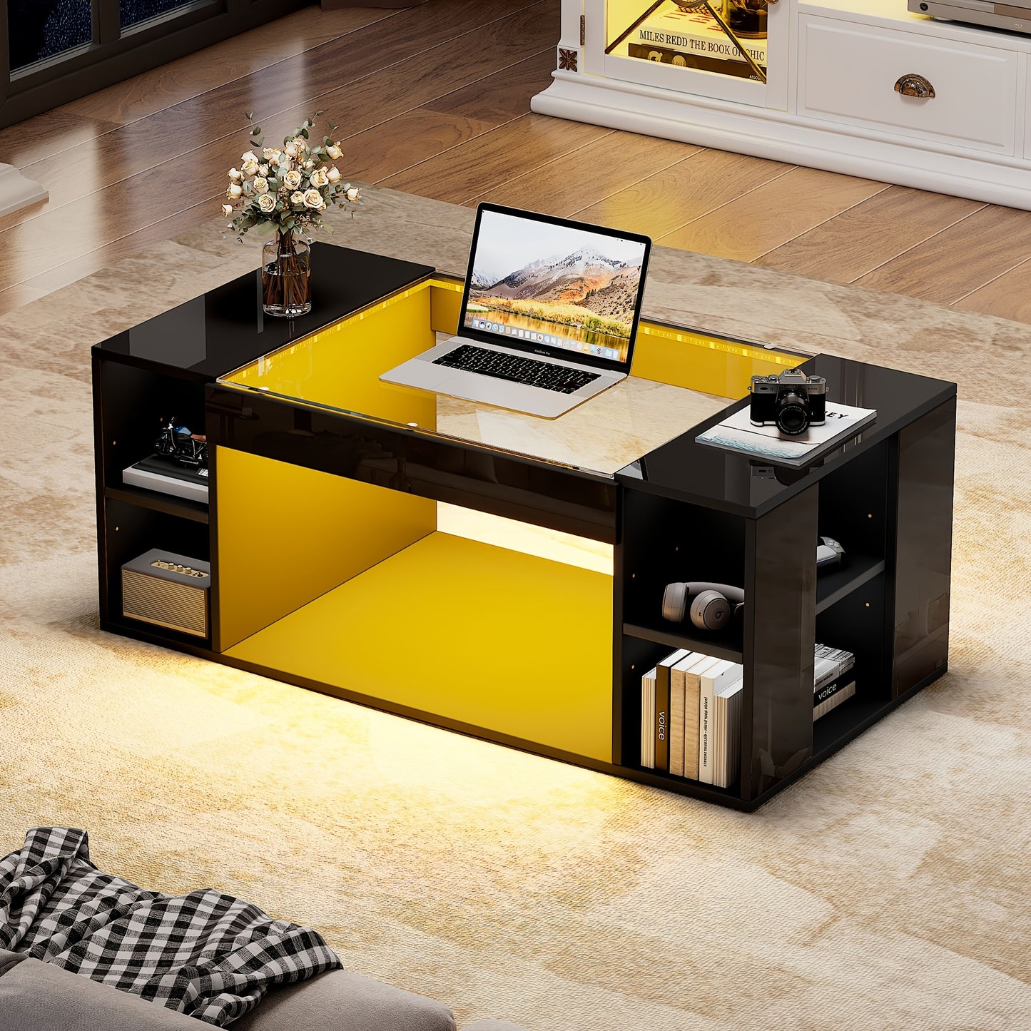 Salontafel glazen – Woonkamertafel koffietafel bijzettafel tafel – Modern design – Gehard glas – Hoogglans zwart – Hol middenstuk – Extra opbergruimte