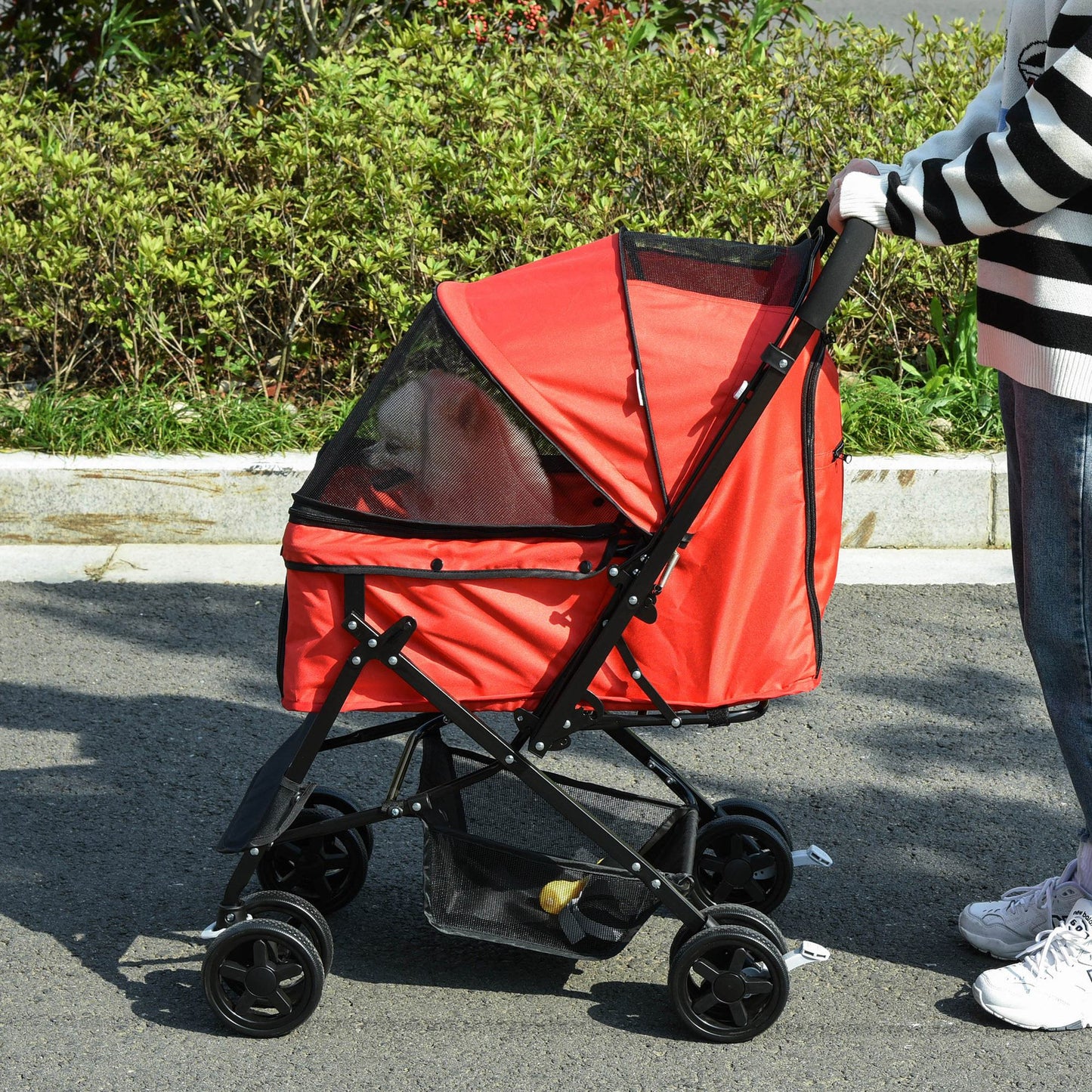 Hondenwagen – Hondenbuggy – Wandelwagen – Huisdierenwagen – Duwwagen – Opvouwbaar – Verstelbare Kap – Stevig Staalframe – Oxford Rood – Geschikt Tot 10 kg