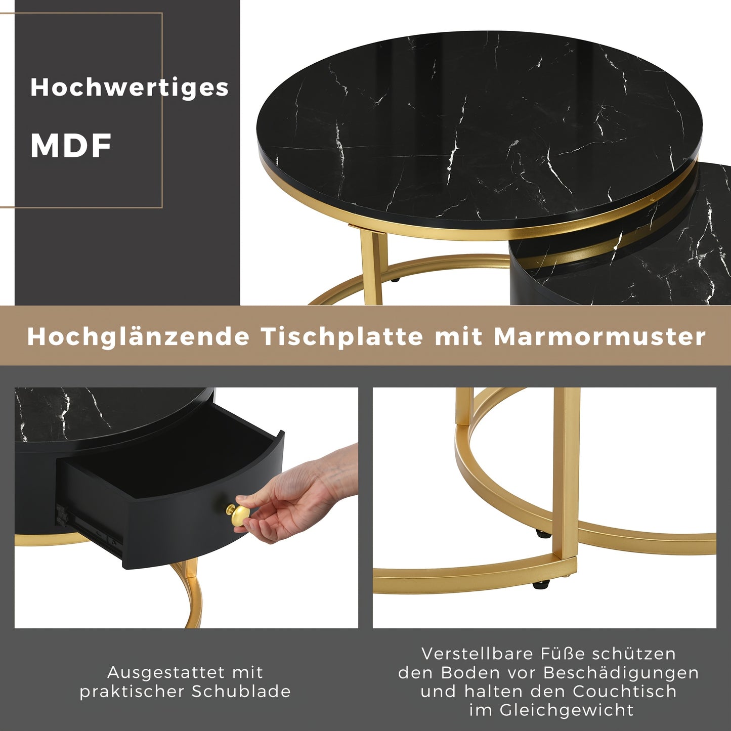 Salontafel – Koffietafel – Bijzettafel – Ronde Tafel – Woonkamertafel – Hoogglans – Imitatie Marmer Structuur – Twee Maten – Zwart