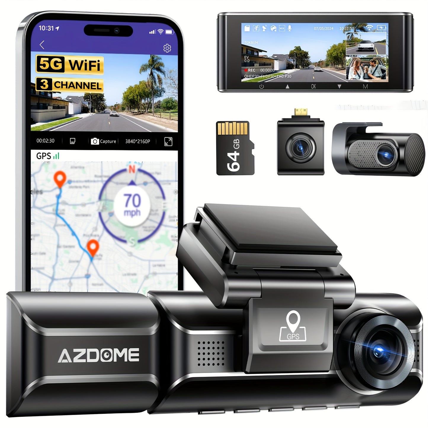 Dashcam – Autocamera – Dashboard Camera – Videorecorder – Beveiligingscamera – 3-Kanaals – 4K Front + 2K Binnen + Full HD Achter – Nachtzicht Met WDR & 5G WiFi & GPS