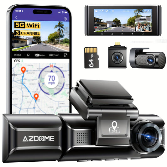 Dashcam – Autocamera – Dashboard Camera – Videorecorder – Beveiligingscamera – 3-Kanaals – 4K Front + 2K Binnen + Full HD Achter – Nachtzicht Met WDR & 5G WiFi & GPS
