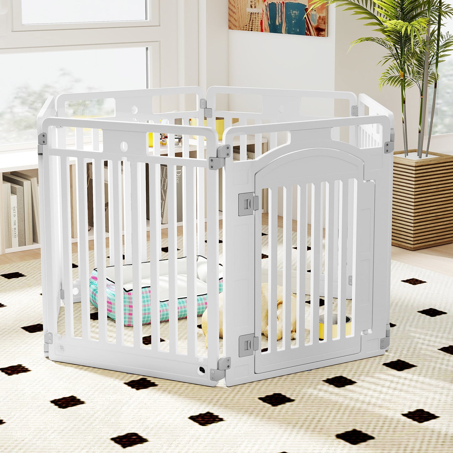 Hondenren – Hondenhek – Puppyren – Hondenspeeltuin – Hondomheining – 6 Panelen 81 cm Hoog – Vouwbaar & Draagbaar – Veilig Sluitbare Deur – Voor Binnen & Buiten – Wit – HDPE Materiaal