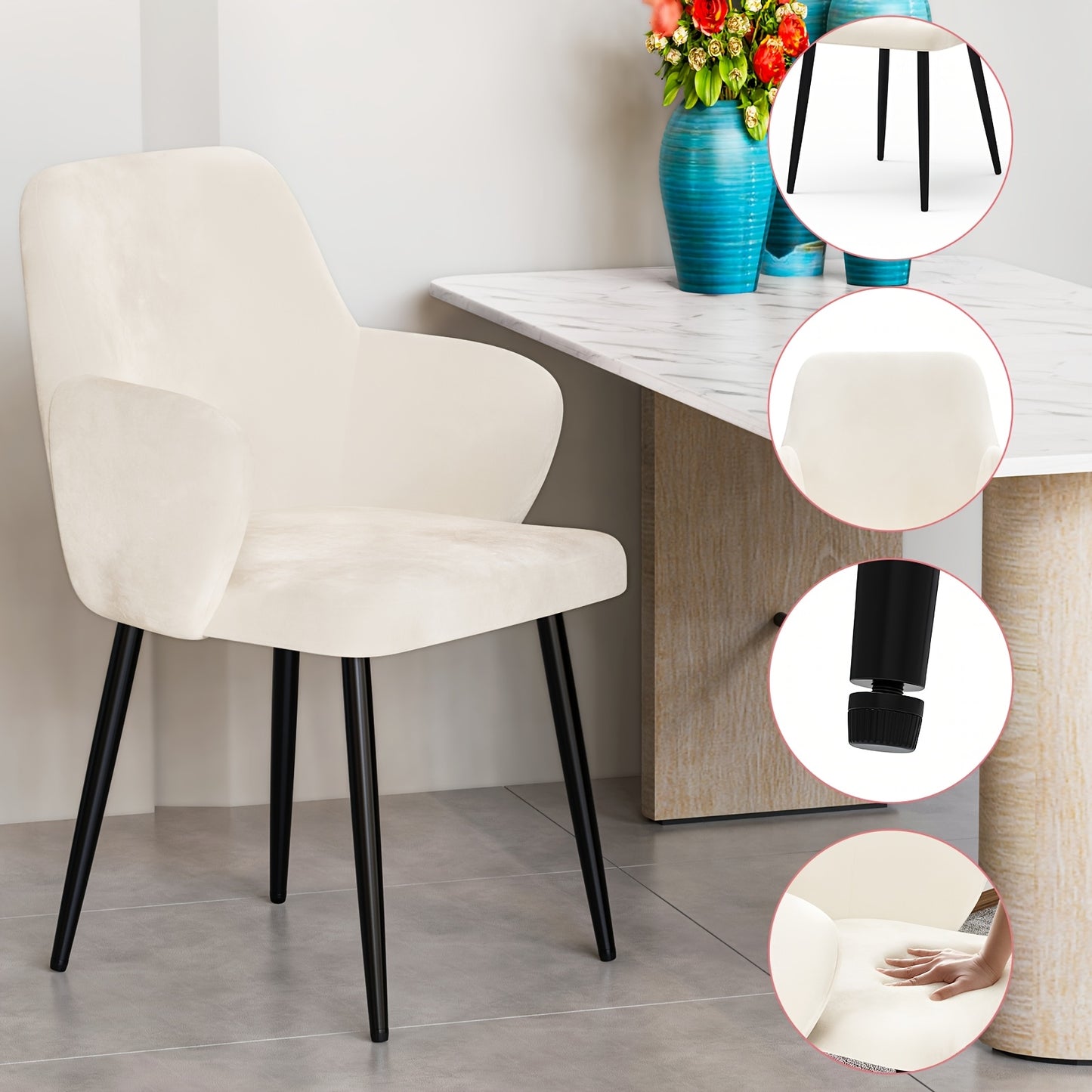 Eetkamerstoel – Stoel – Kuipstoel – Armstoel – Designstoel – Velvet Bekleding – Metalen Poten – Zithoogte 53 cm – Set Van 2 – Off-white