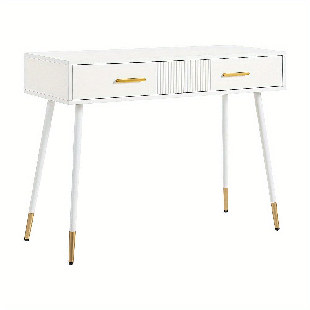 Kaptafel – Make-uptafel – Schminktisch – Dressing Table – Toilettafel – Wit – Met Metalen Gouden Poten – 2 Uitschuifbare Laden – Compact Formaat 40 cm Diep