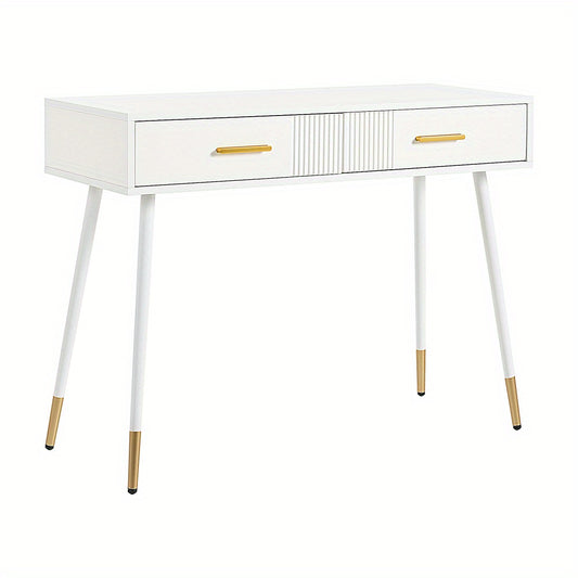 Kaptafel – Make-uptafel – Schminktisch – Dressing Table – Toilettafel – Wit – Met Metalen Gouden Poten – 2 Uitschuifbare Laden – Compact Formaat 40 cm Diep
