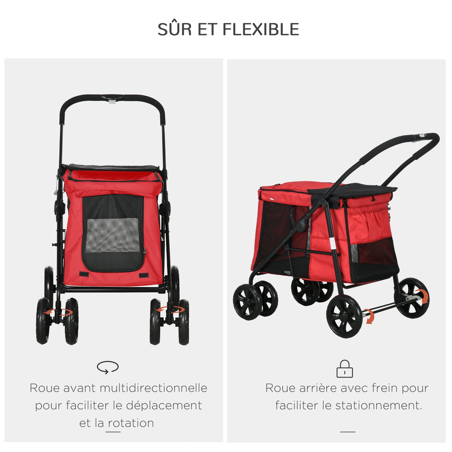 Huisdierwagen – Dierenbuggy – Hondenwagen – Kattenwagen – Wandelwagen – Opvouwbaar – 600D Oxford Stof – Stalen Frame – Kussen Inclusief – Rem Op Wielen – Rood