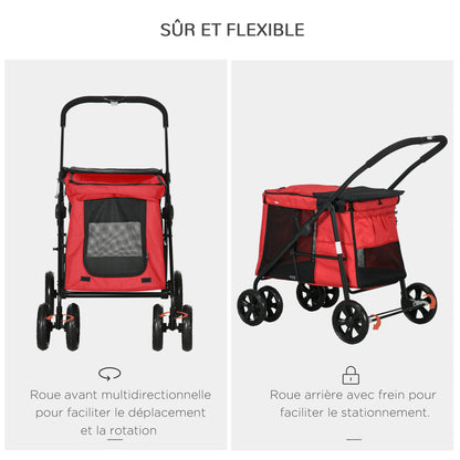 Huisdierwagen – Dierenbuggy – Hondenwagen – Kattenwagen – Wandelwagen – Opvouwbaar – 600D Oxford Stof – Stalen Frame – Kussen Inclusief – Rem Op Wielen – Rood