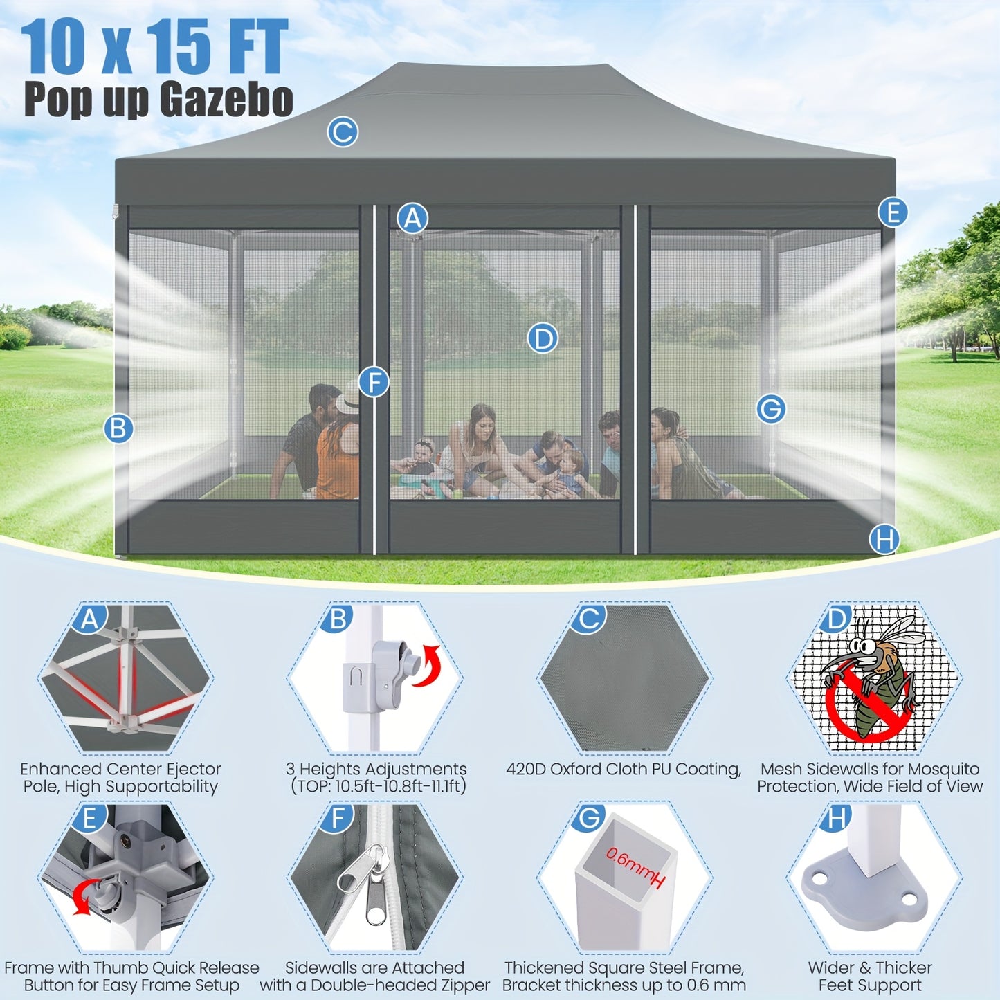 Pop-Up Tent – Vouwtent – Partytent – Pavillon – Schaduwdoek – Wit – 3x4,5 Meter – Ademend Muskietengaas – Waterafstotend Oxford Doek