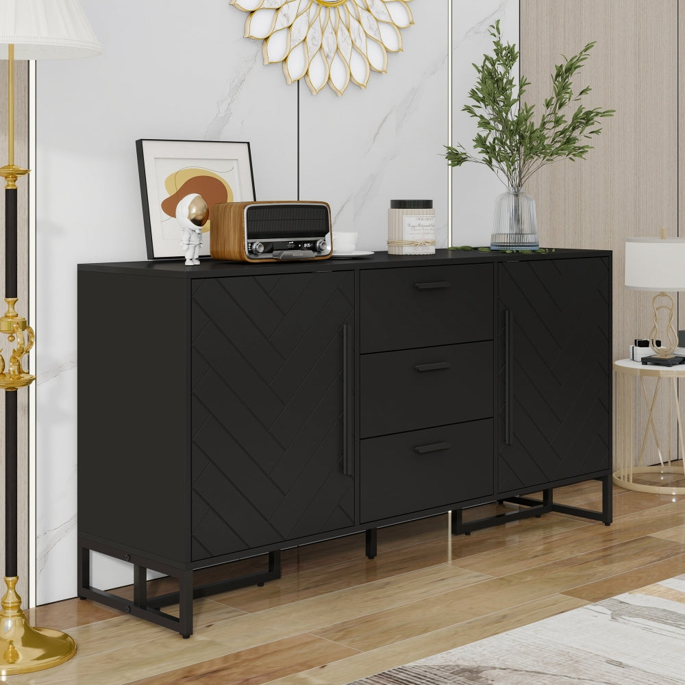 Dressoir – Opbergkast – Buffetkast – Ladekast – Wandkast – Wit – Visgraatpatroon – 2 Deuren & 3 Laden – Eigentijds Design