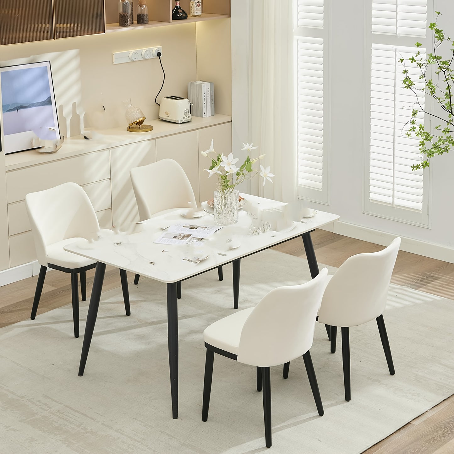Set of 2 Modern White Dining Chairs with Black Legs - Sturdy Non-Wood Construction, Ergonomic Backrest & Seat, Easy Assembly, Space-Saving Design for Kitchen, Restaurant, Cafe, Home - Contemporary Minimalist Style, Durable Co